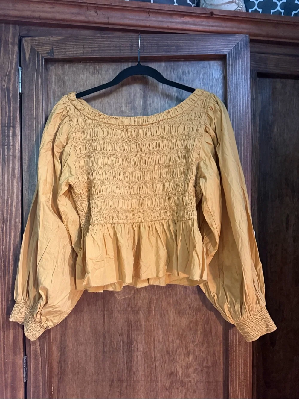 Free People Mustard Yellow Smocked Peplum Blouse